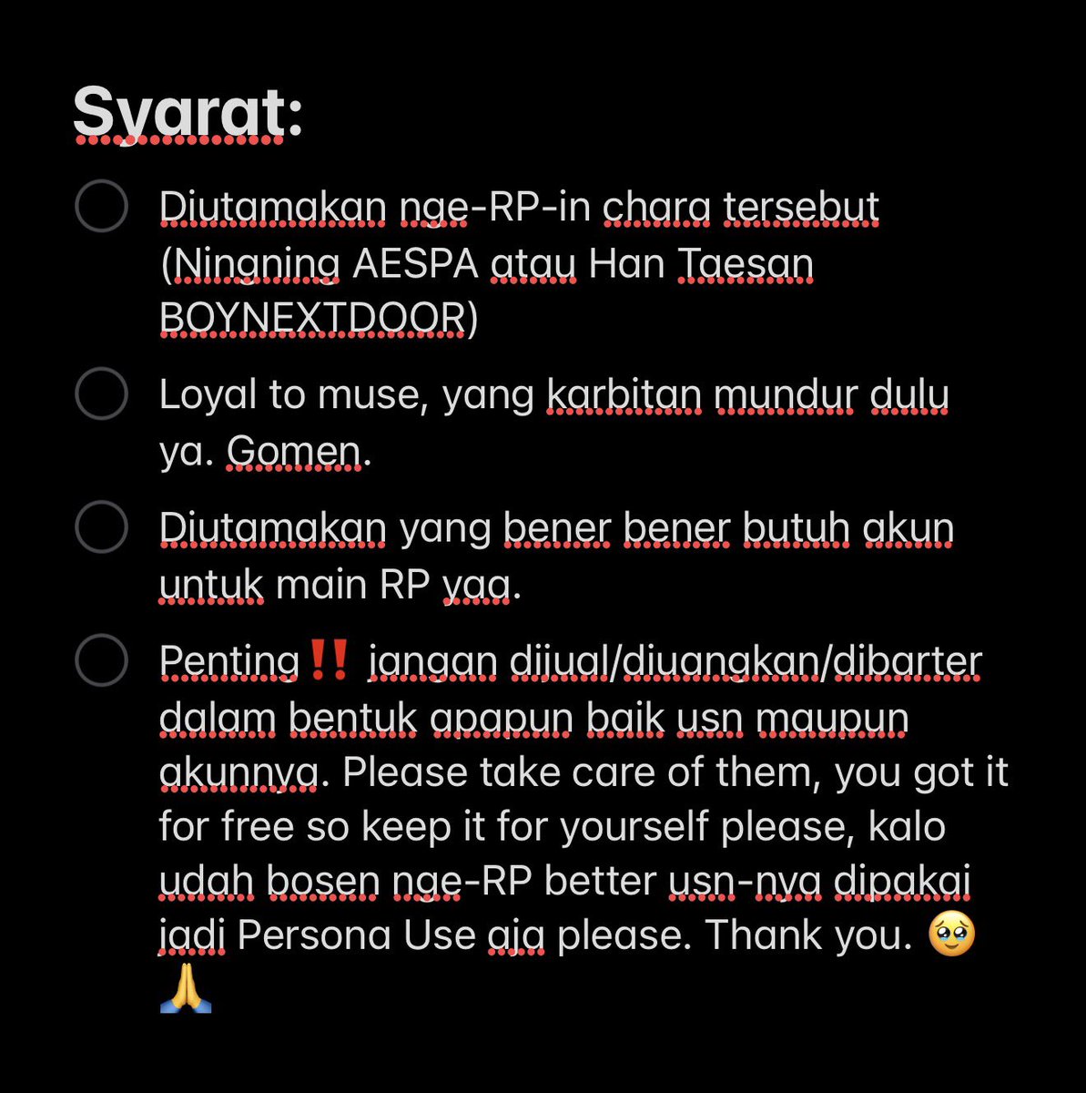 cogild's tweet image. Help RT ‼️

Udah di hari terakhir di 2025 dan resolusi gue tahun depan adalah meninggalkan dunia RP ✋😇
Jadi gue mau giveaway 2 akun RP gue, 1 acc cewe (ningning) dan 1 acc cowo (han taesan) 

Untuk syarat dan spesifikasi akunnya gue taruh di foto di bawah ini.