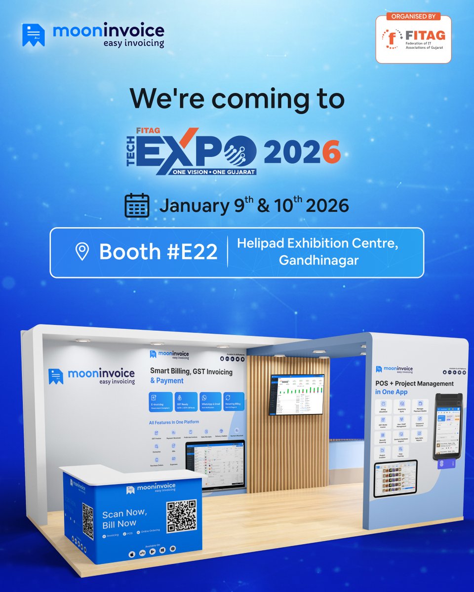 mooninvoice's tweet photo. This January, meet us at FITAG Tech Expo 2026 in Gandhinagar!
📍 Booth #E22, Helipad Exhibition Centre
🗓️ 9–10 January 2026
Looking forward to connecting at the expo.
#MoonInvoice #FITAGExpo2026 #Gandhinagar #TechInnovation https://t.co/9hrfBAS4sr
