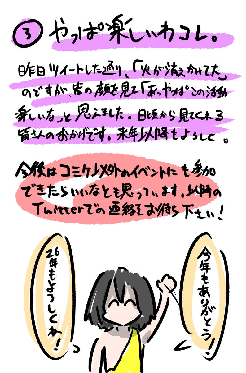 12月30日 コミックマーケット107
サークル『サキタマ神殿』スペースへお越しいただきました皆様へ最大級の感謝を申し上げます。活動を続けられているのは、日頃の活動を応援していただける皆様のおかげです。皆様の期待に添えるような活動をこれからも努めます。
2026年もよろしくお願い致します。 