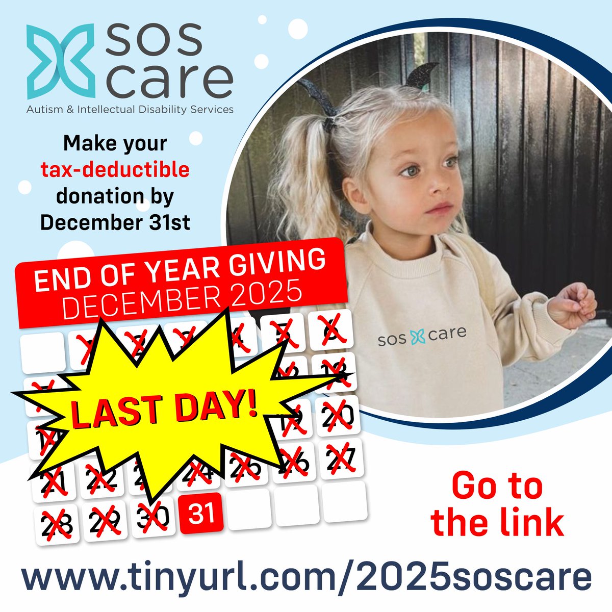 Hope4SOS's tweet image. 🎉 THIS IS IT — THE LAST DAY TO GIVE! 🎉

At SOS Care, your gift fuels inclusive housing, job skills training, summer camps, and life-changing support for individuals with autism and intellectual disabilities.

👉 Give now: tinyurl.com/2025soscare