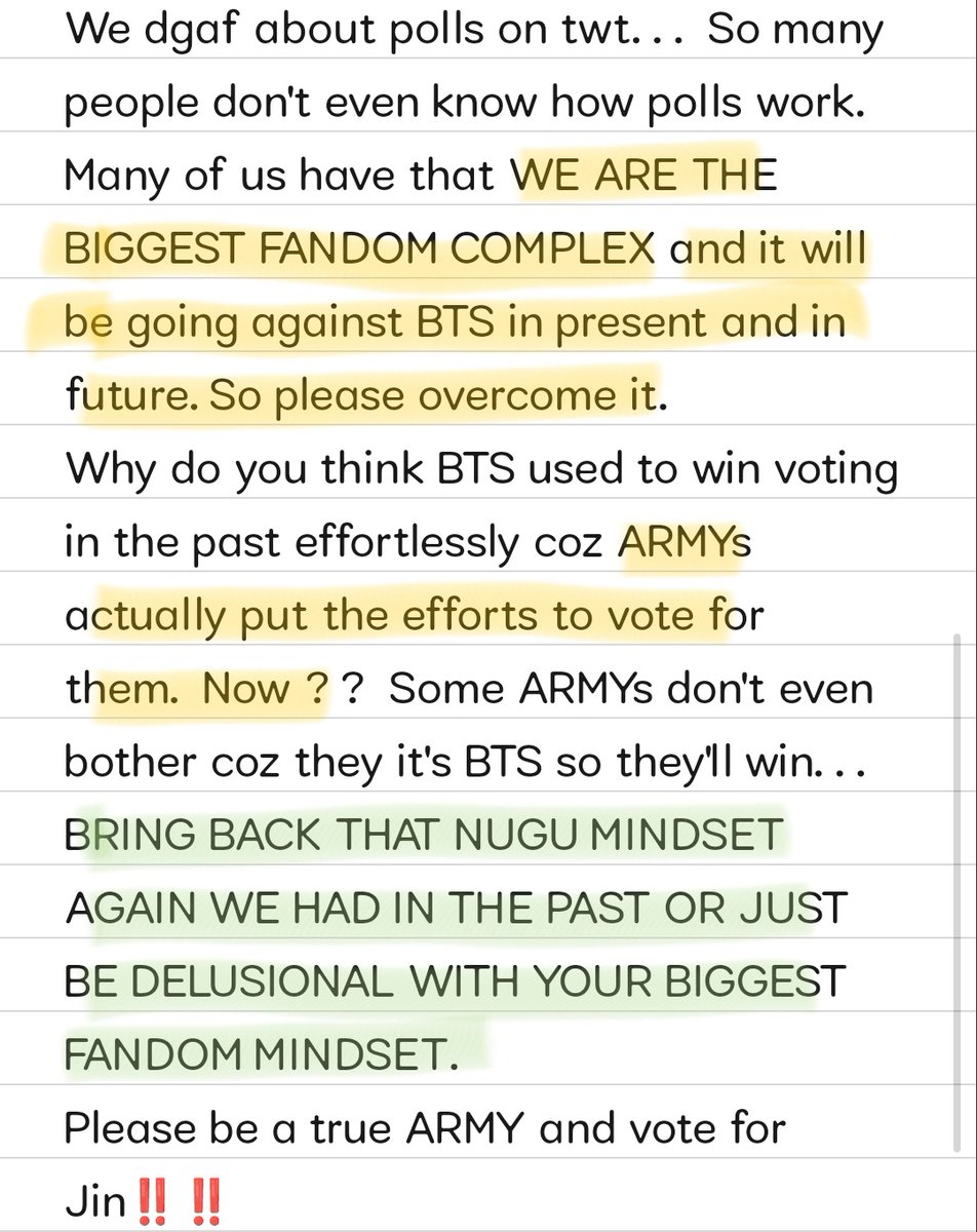 OPEN YOUR EYES ARMYs WAKE UP‼️‼️‼️
READ THIS AND PLEASE GET OUT OF YOUR BIGGEST FANDOM MINDSET.

All ARMYs vote for Jin so some of us don't have to make 100 e-mails to vote.🙏