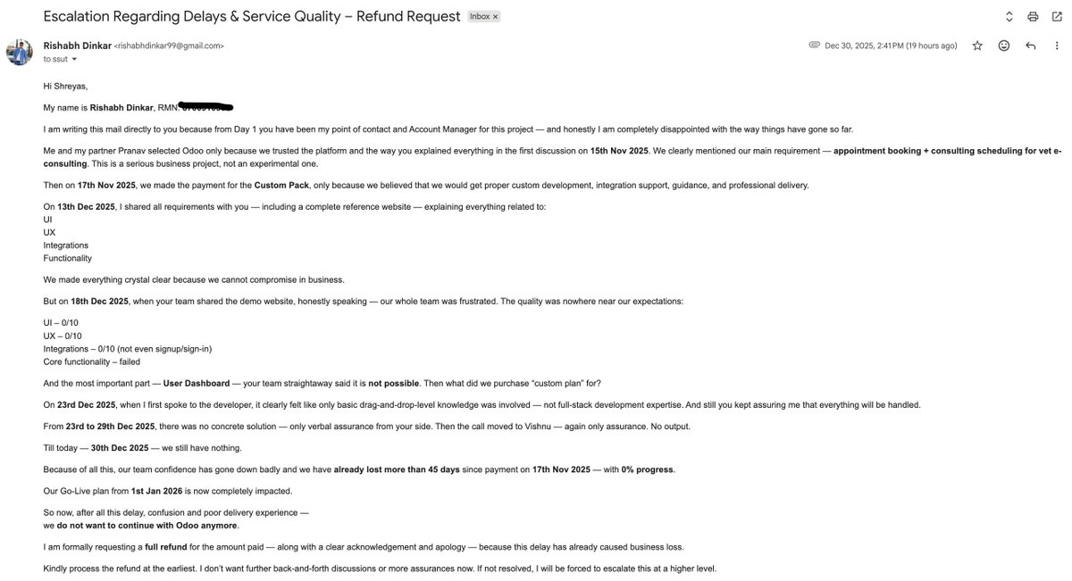 rishabh_dinkar's tweet image. Extremely disappointed with @Odoo  Paid for service, waited 45+ days, no workable delivery, and refund refused citing policy. This is not a case of “change of mind” — it’s non-delivery &amp;amp; failed feasibility. Requesting leadership intervention. #Odoo #RefundIssue