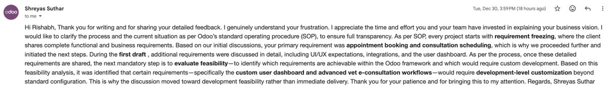 rishabh_dinkar's tweet image. Extremely disappointed with @Odoo  Paid for service, waited 45+ days, no workable delivery, and refund refused citing policy. This is not a case of “change of mind” — it’s non-delivery &amp;amp; failed feasibility. Requesting leadership intervention. #Odoo #RefundIssue