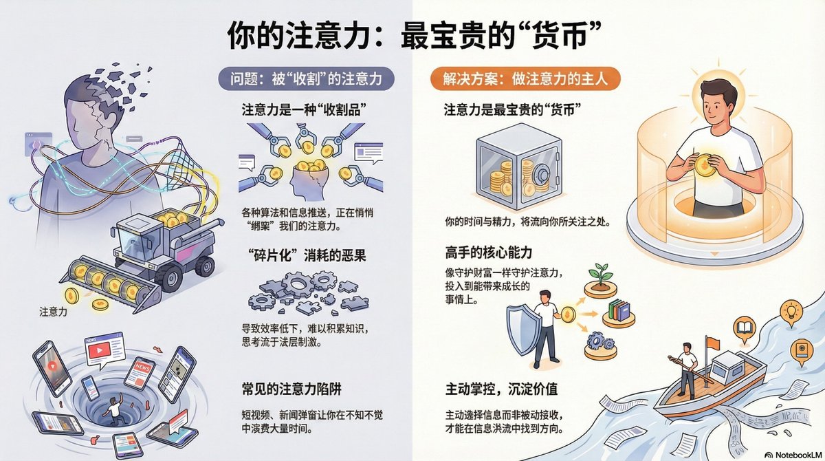 有一样东西比金钱、数据、人脉更核心，却常常被我们忽略——那就是注意力。 我们每天的时间有限，精力有限，而注意力就是我们最宝贵的“货币”。  你把注意力放在哪里，时间和精力就会流向哪里，最终会塑造你的认知、能力和财富。能掌控自己注意力的人，其实是在掌控自己的人生 ...