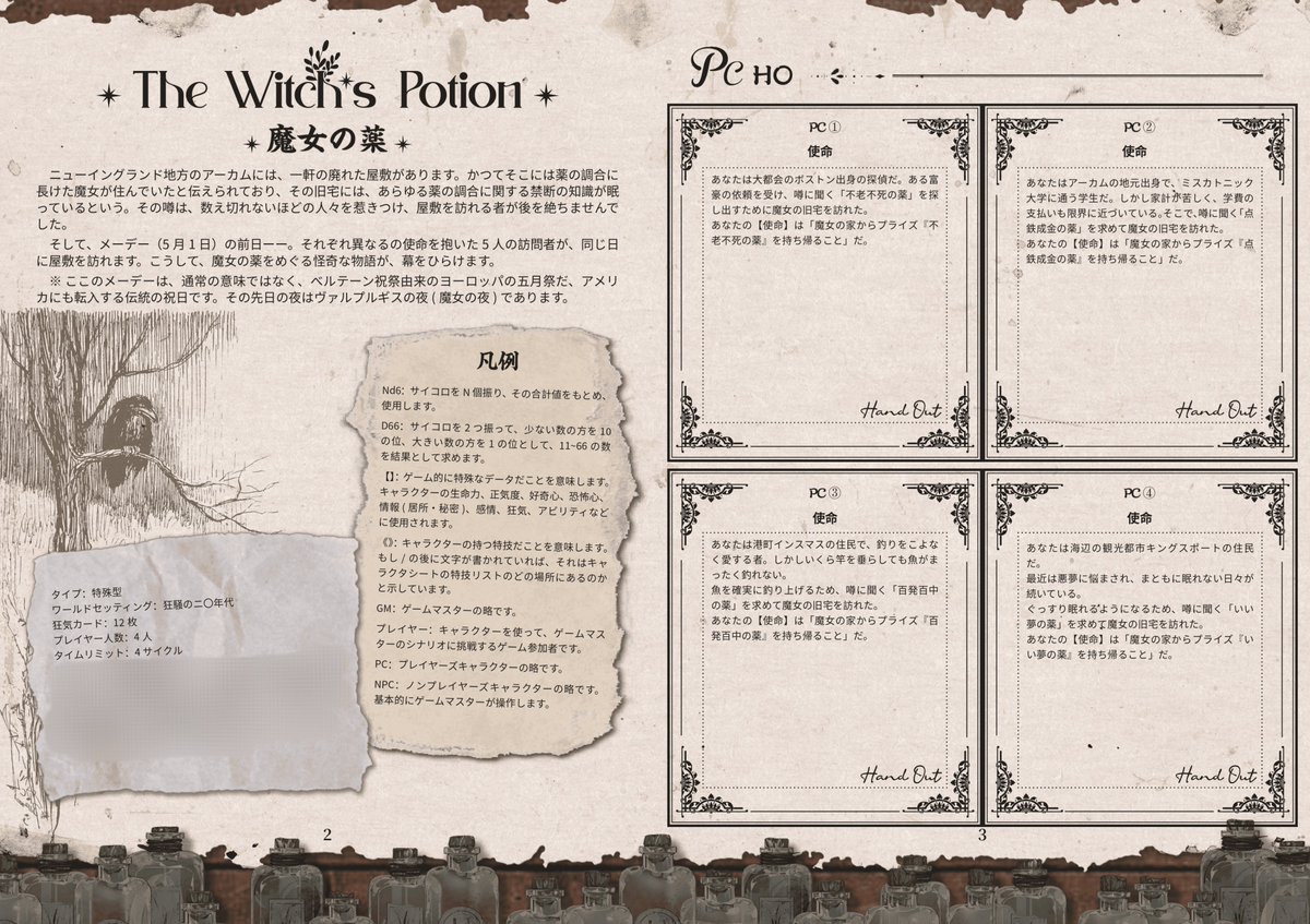 🦋　インセイン　🦋
         「魔女の薬」

4人用／4サイクル／特殊型

アーカムの魔女の家で、
魔法薬の真相を解き明かす。

※旧版ルール対応

▼BOOTH
nianmowang.booth.pm/items/6333655

#龍とクトゥルフ #TRPG #インセイン