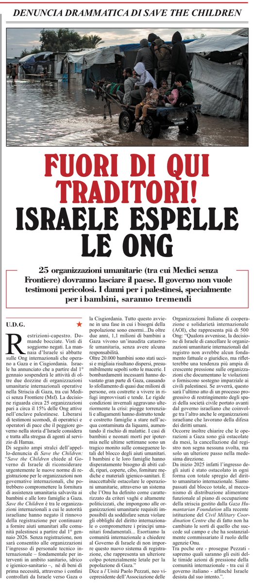 francofontana43's tweet photo. Israele vuole completare il genocidio senza testimoni pericolosi
Pertanto, 25 organizzazioni umanitarie, tra cui medici senza frontiere, dovranno lasciare il paese
Di sicuro moriranno più bambini di fame, di freddo, di bombe o di colpi di arma da fuoco alla nuca
Nel frattempo, Trump gratifica Netanyahu del titolo di “eroe”
Umberto De Giovannangeli, l’Unità