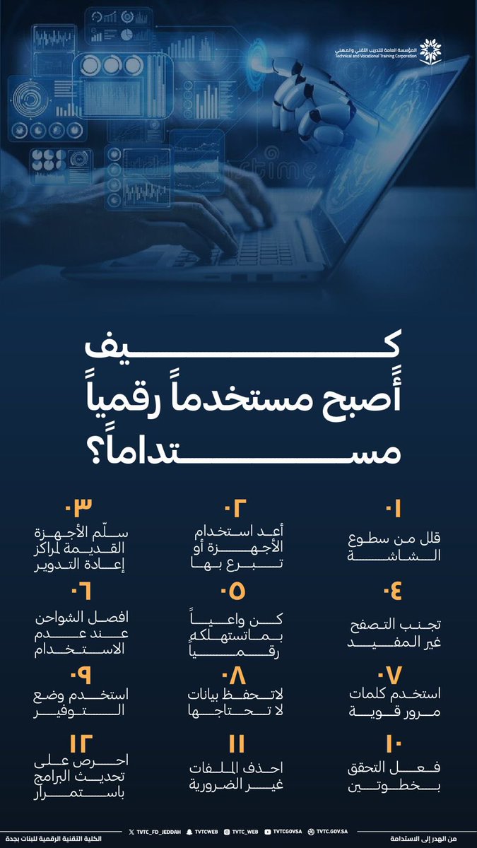 Tvtc_fd_jeddah's tweet photo. من الهدر إلى الاستدامة | إبداع رقمي

كن مستخدمًا رقميًا مستدامًا… استخدم التقنية بوعي، وقلّل الاستهلاك غير الضروري، واجعل أثرك الرقمي مسؤولًا وإيجابيًا.

 في مقرر المشروع لتخصص الوسائط المتعددة وتقنيات الويب،تم إنتاج وسائط رقمية متنوعة عن #الإستدامة_الرقمية

🟢كيف أكون مستخدمًا رقميًا مستدامًا
انتاج المتدربات/
أثير عبد الله حسن
ريماس سليمان الجهني
شوق موسى الزهراني
#التدريب_التقني 
#TVTC_Makkah