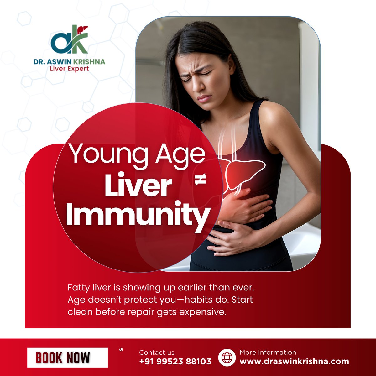 DrAswinKrishna's tweet photo. Young Age ≠ Liver Immunity

Fatty liver is showing up earlier than ever. Age doesn’t protect you—habits do. Start clean before repair gets expensive.
📞 +91 99523 88103 | 🌐 https://t.co/f6XJyYmmnM
#YoungButAtRisk #LiverAwareness #ActEarly https://t.co/t6SqigHuWz