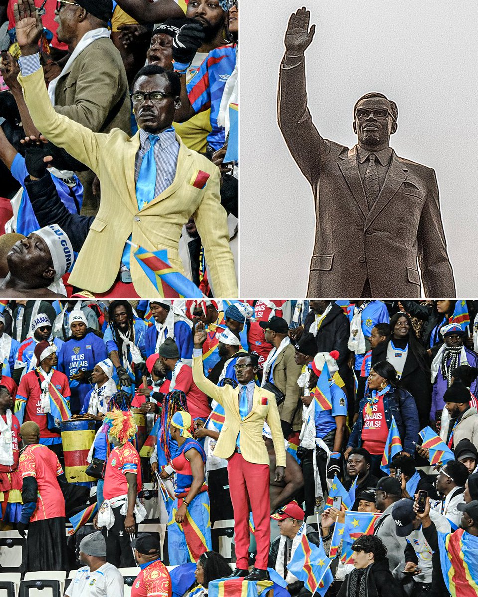 ESPNAfrica's tweet image. DR Congo fan Kuka Muladinga has been spotted standing in a powerful pose during their matches before and during AFCON.

He is imitating Patrice Lumumba, the country’s first prime minister in the early 1960s.

The stance mirrors the pose on Lumumba’s memorial statue in Kinshasa 🫡