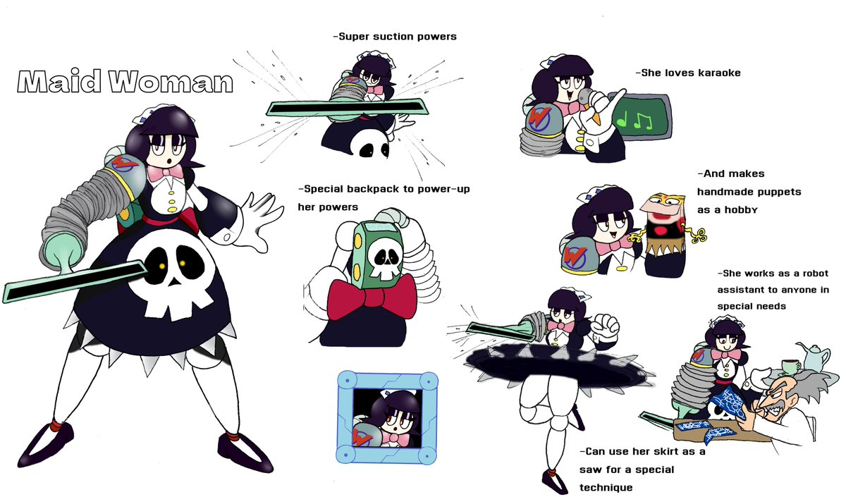 felorulo's tweet photo. Maid Woman.
Here is my robot master suggestion for the new Megaman game with a couple of special details about it, hope you enjoy her.
#MegaManDO
#DesignARobotMaster https://t.co/eGlPbxg17I
