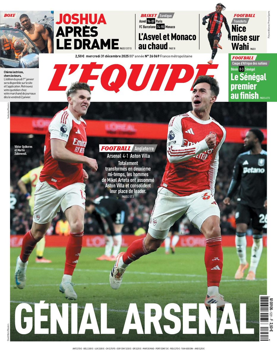 lequipe's tweet photo. 🗞️ La une du journal L'Équipe du mercredi 31 décembre 2025
Pour lire votre édition ➡️ https://t.co/YisCS3bGwm https://t.co/6SnGZJ0e9b