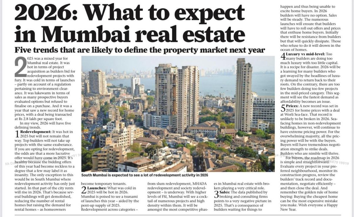 VishalBhargava5's tweet photo. Mumbai Real Estate in 2026
1) Redevelopment frenzy to calm down
2) Tsunami of launches coming up
3) Builders will excite home buyers with deals
4) Many Builders will learn doing "luxury" is a specialised skill with capital needs
5) Pricing power with buyers https://t.co/iAFfPPoaQi