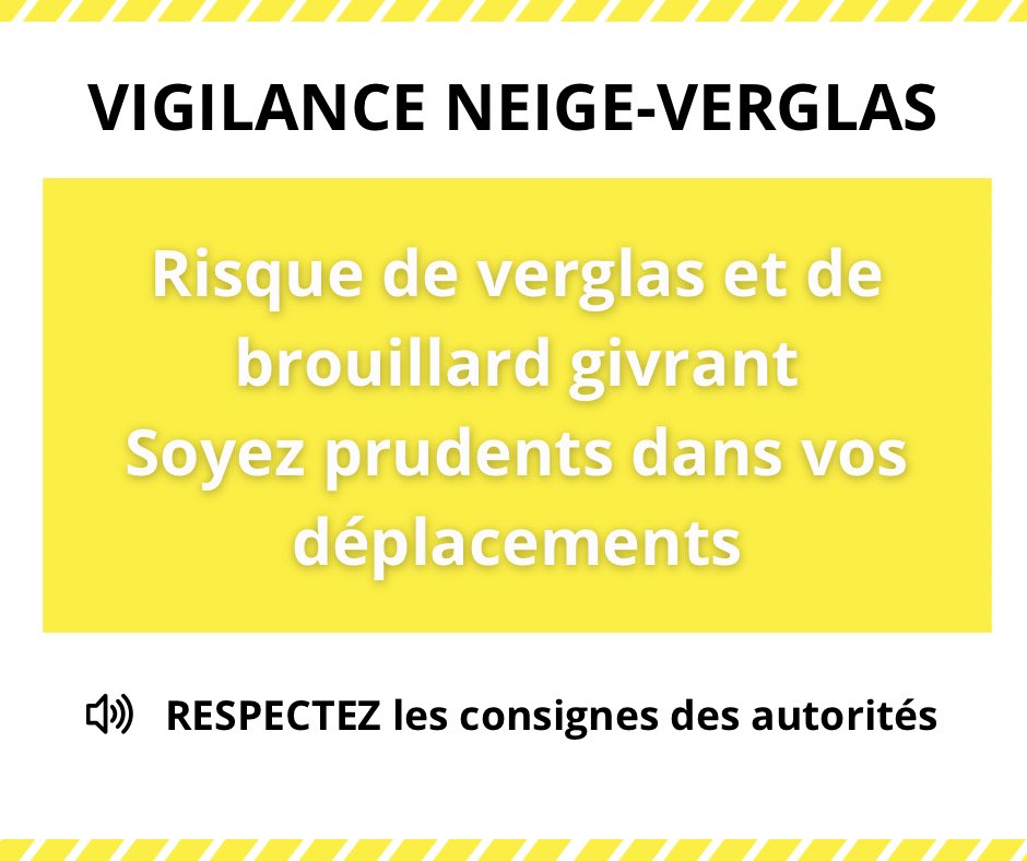 ⚠️🟡 #VigilanceJaune #Neige #Verglas

❄️ Risque important de verglas et de brouillard givrant sur les routes. 

🚗 Déplacements et activités :
👉 redoublez de prudence,
👉 adaptez votre vitesse.
