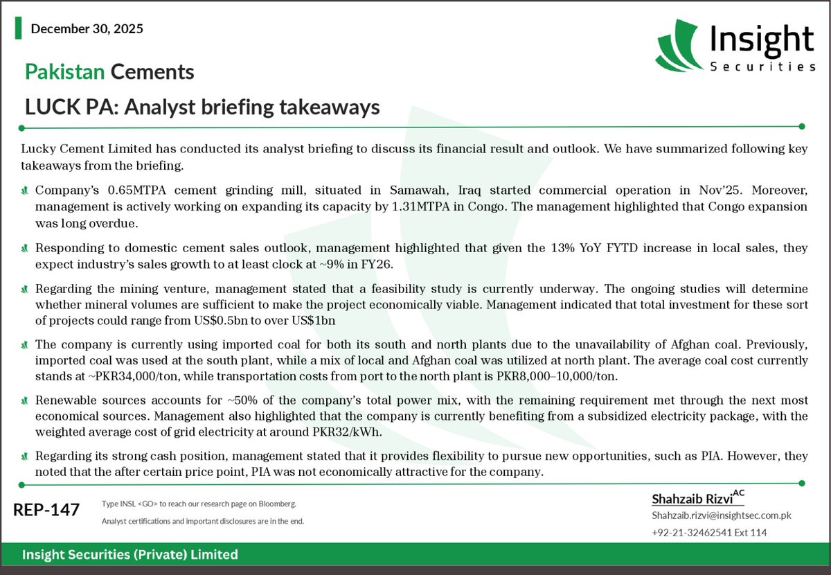 InsightSecurit4's tweet photo. Lucky Cement Limited 
Analyst briefing takeaways 
#LuckyCement #LUCK #CementSector #PSX #PakistanEquities #AnalystBriefing #CapacityExpansion #Infrastructure #EnergyEfficiency #FY26Outlook #InsightResearch https://t.co/Q4FB5KxGgt