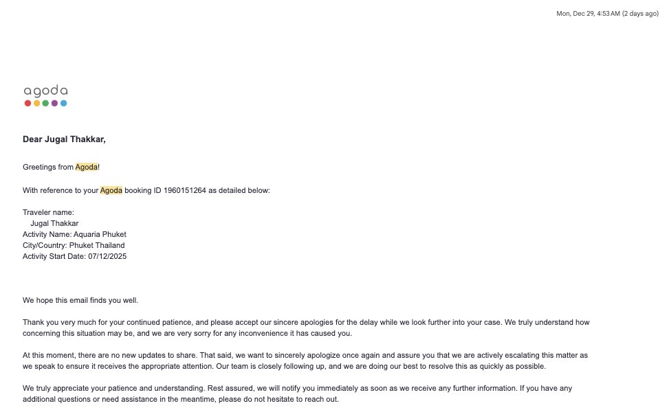 jugal_thakkar's tweet photo. Anybody considering @agoda for activities? I (a Platinum VIP) strongly recommend against it. They have no influence on the providers. I shared the provider's email acknowledging the non-functional activity, yet Agoda has taken 23+ days without making any progress on the refund. https://t.co/HT2z9fVb2k