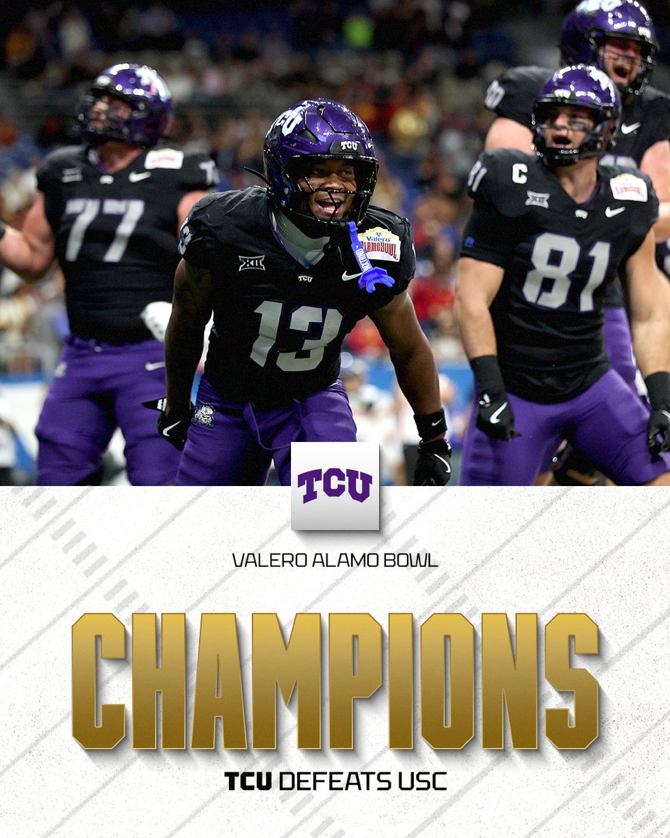 TCU Football comes out on top vs. USC in overtime 💪🔥

The Horned Frogs remain undefeated in their Alamo Bowl appearances 😮