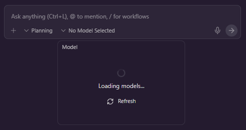 ratneshpkn's tweet photo. @antigravity  you folks having a downtime? the model selector is not showing any models to pick from. https://t.co/giCFE8F4wo