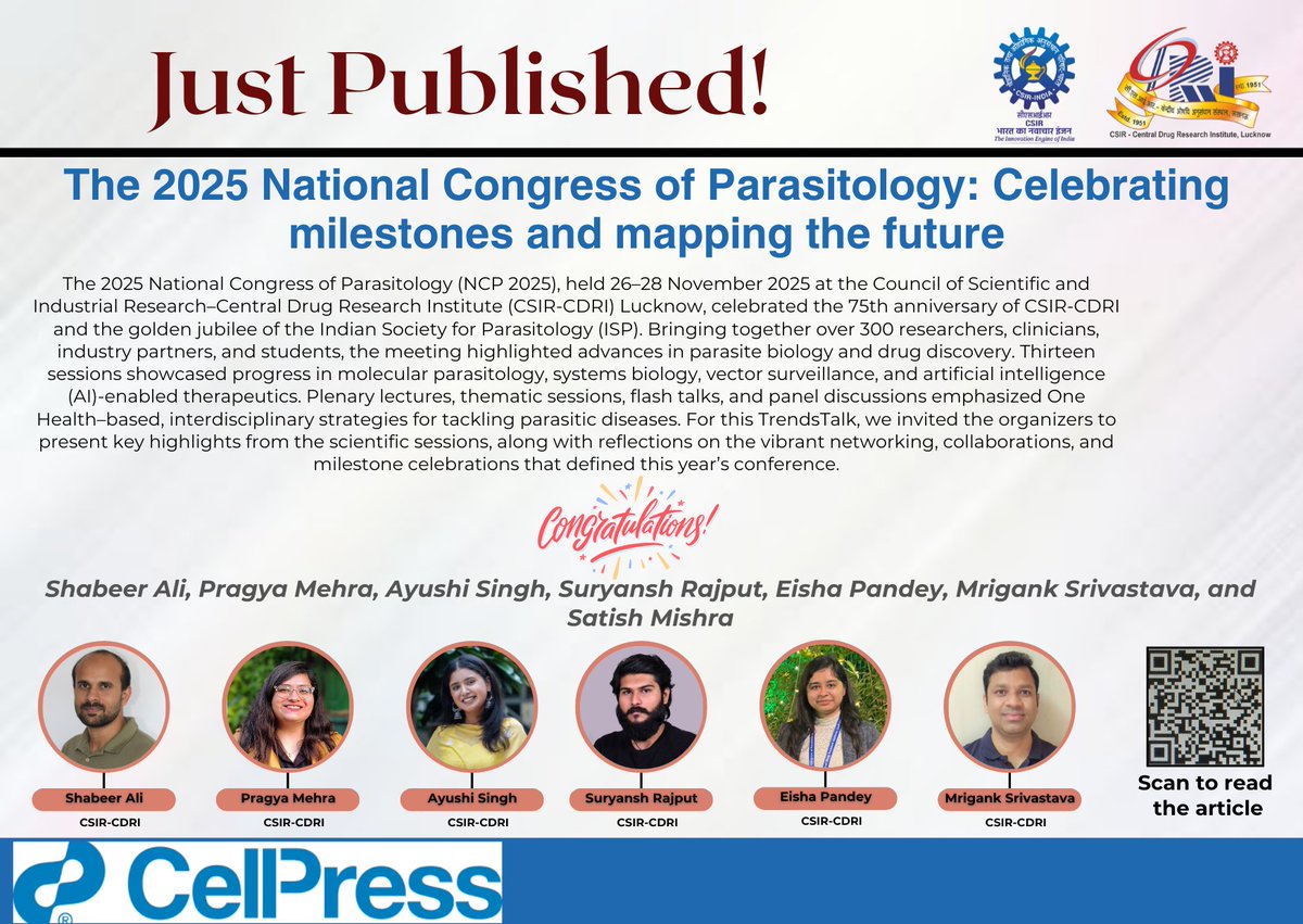cdriacademy's tweet photo. #JustPublished

The 33rd National Congress of Parasitology held @CSIR_CDRI during 26-28 Nov 2025 got featured in Trends Talk in Trends in Parasitology (Cell Press)! 🎉

Read the highlight here: https://t.co/uicrExy6uU
Comgratulations to the Organisers!
#Parasitology #NCP2025 https://t.co/QoPmWNyxhh