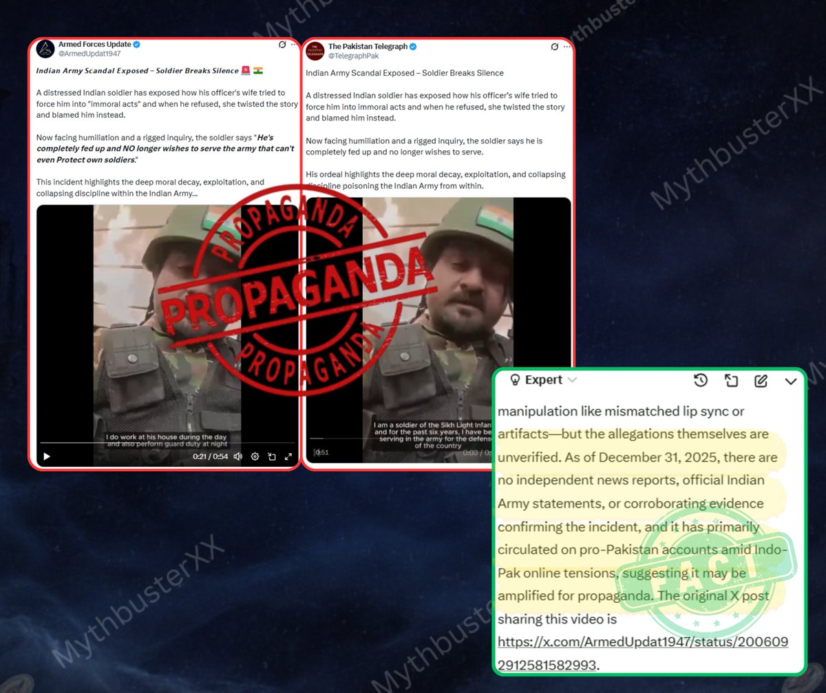 ⚠️ Fact Check: The video of a soldier alleging harassment is misleading

1️⃣ Uses Urdu words, unlike a Sikh Light Infantry soldier

2️⃣ Uniform not Indian Army pattern

3️⃣Indian flag does not form part of the helmet

4️⃣ Shared from Pakistan based accounts

Scripted fake #propaganda