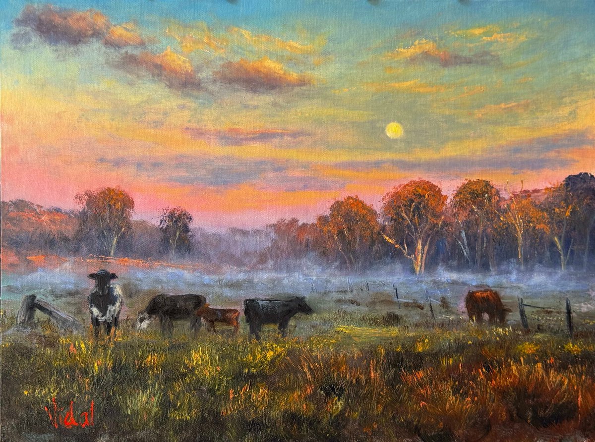 ArtistVidal's tweet photo. Morning light paints a serene portrait of a NSW cattle farm, capturing the harmonious blend of nature and agriculture. The golden hues of sunrise illuminate vast pastures, where cattle graze peacefully. This commissioned piece for 2025 encapsulates rural tranquillity. https://t.co/DMuKbg0ffT