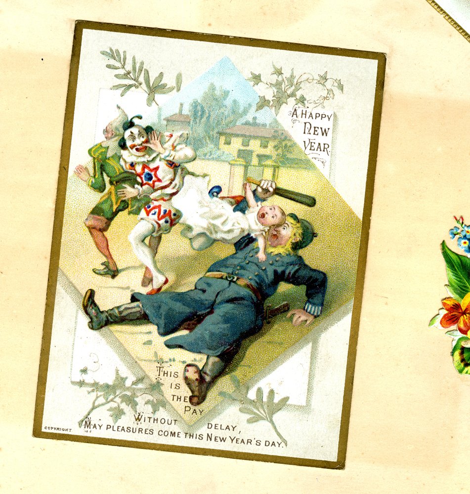 PeterTayl's tweet photo. This New Year card is in my grandmother's scrapbook album - probably printed in about 1900. The Victorians had weird taste! Hopefully it will be included in the 'Book of Small Things' I'm compiling.

I hope 2026 will be more normal for you, with lots to enjoy.
#NewYear https://t.co/hbnCQbRUd3