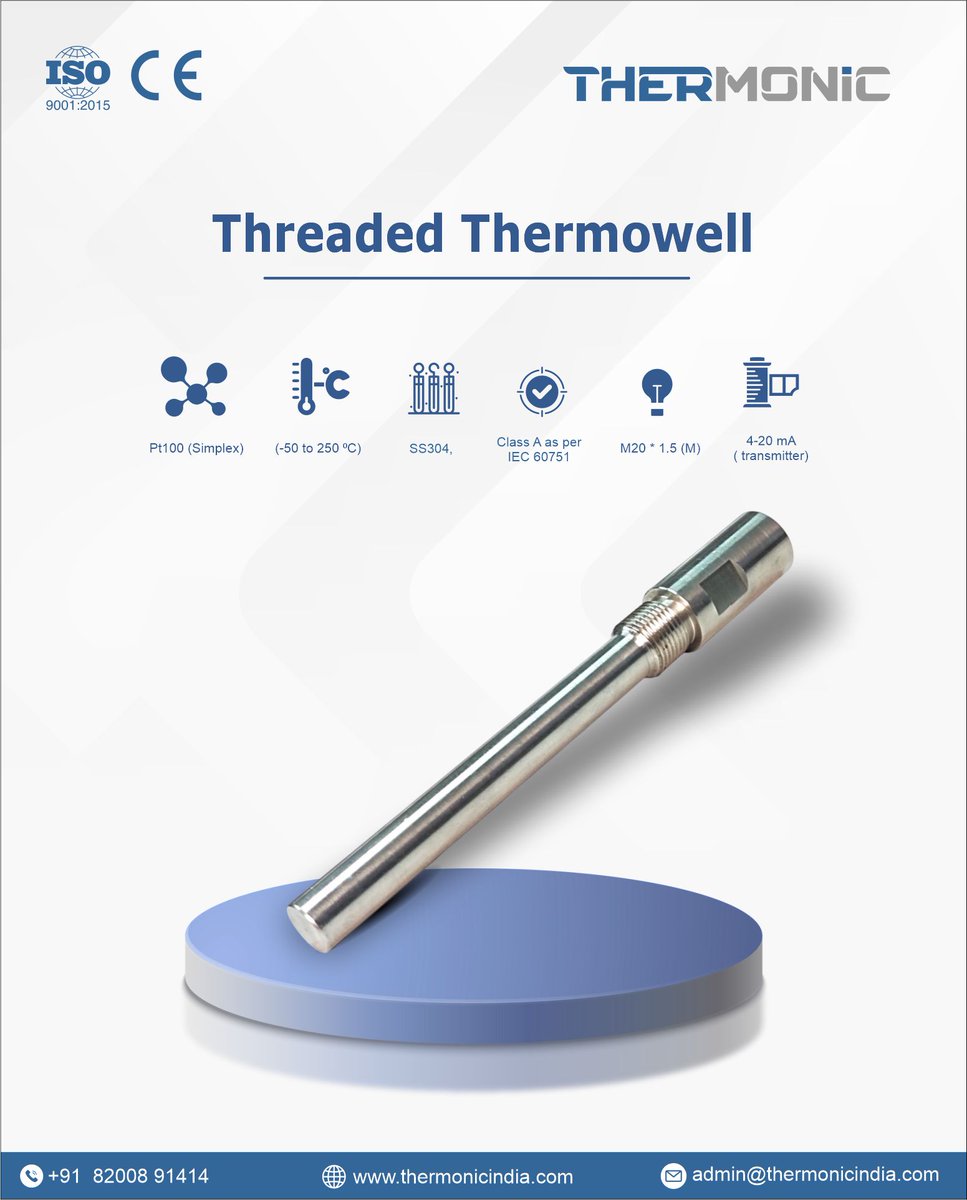 Our Threaded Thermowell is purpose-built for accurate and reliable temperature measurement in demanding industrial applications. Manufactured using SS304, integrated with Pt100 (Simplex) sensing, and compliant with IEC 60751 Class A
#ThreadedThermowell #IndustrialSensors