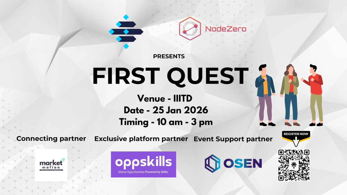 nodezero_0's tweet image. 🚀 NodeZero presents FIRST QUEST
A hands-on CTF-based cybersecurity workshop 🔐💻
📍 IIIT Delhi
📅 25 Jan 2026 | ⏰ 10 AM
🎯 Learn Cyber security fundamentals &amp;amp; real-world security concepts
🔗 Register: oppskills.com/events/first-q…
#FirstQuest #NodeZero #CTF #CyberSecurity