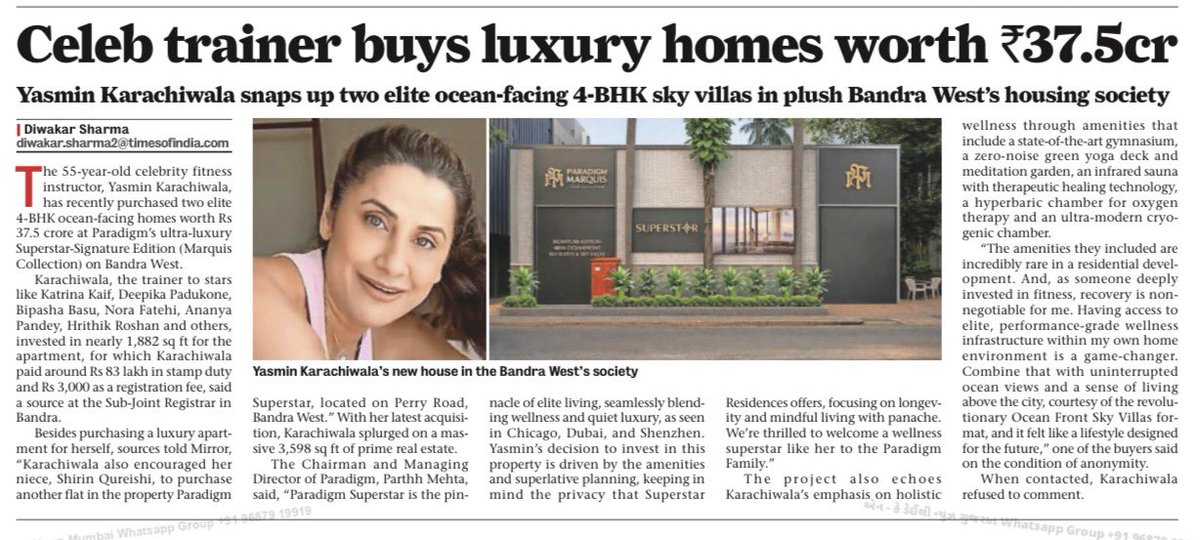 DiwakarSharmaa's tweet image. The 55-year-old celebrity fitness instructor, #YasminKarachiwala, has recently purchased two elite 4-BHK ocean-facing homes worth Rs 37.5 crore at Paradigm’s ultra-luxury Superstar-Signature Edition (Marquis Collection) on #Bandra West.
timesofindia.indiatimes.com/city/mumbai/ce…