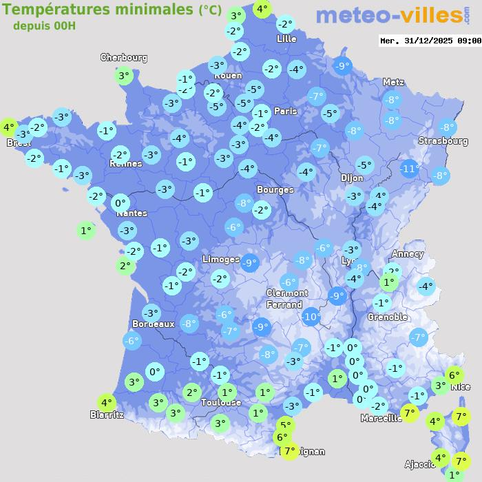 Meteovilles's tweet image. 🥶 #Gel très étendu et parfois marqué ce matin du 31 décembre 2025 :

➡️ -11,3°C à Luxeuil (70)
➡️ -11,3°C à St-Loup-sur-Aujon (52)
➡️ -10,8°C à Auberive (52)
➡️ -10,6°C à Montluçon (03)
➡️ -10,6°C à Bourdons (52)
➡️ -10,6°C à Mourmelon-le-Grand (51)
➡️ -10,3°C à Chaumont (52)