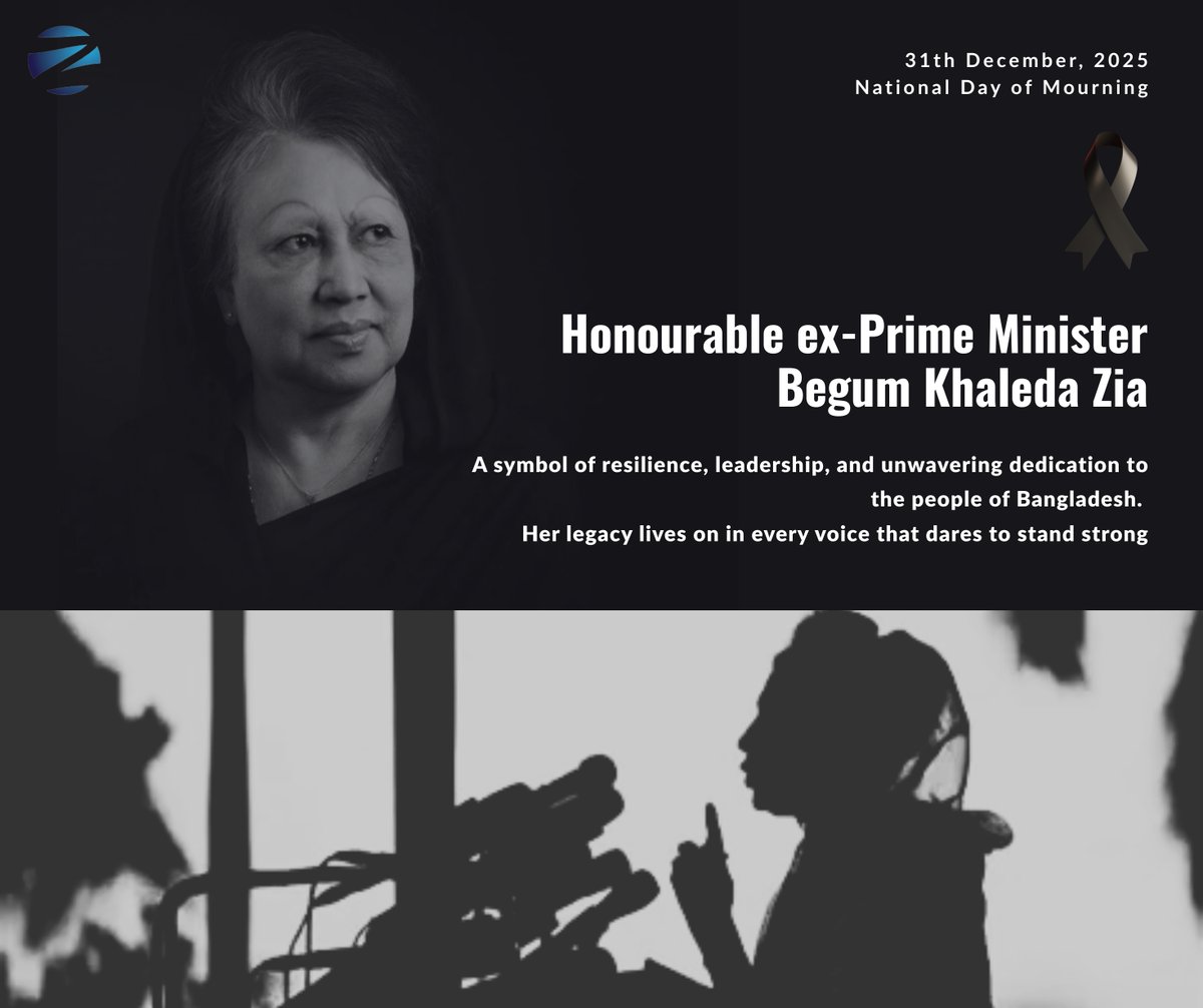 Zenith_SFTYSoln's tweet photo. ''I have no other home but this country, my life and death are tied to this land'' — Khaleda Zia

জাতীয় শোক দিবসে আমরা স্মরণ করি বেগম খালেদা জিয়া — দেশপ্রেমের অটল প্রতীক, যিনি জীবন-মৃত্যু এই মাটির সাথে বেঁধে রেখেছিলেন।

#BegumKhaledaZia #NationalDayOfMourning https://t.co/QHba7PKBBE