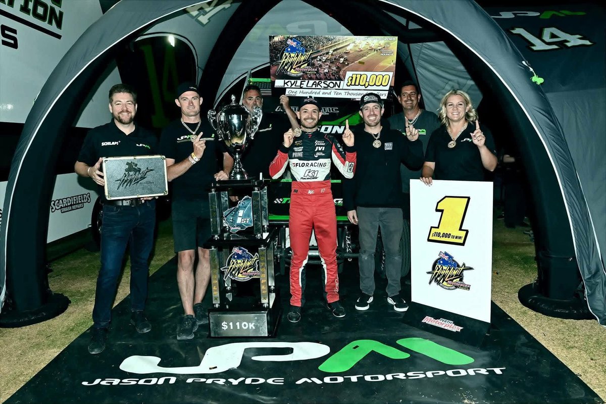 XXXRaceCo's tweet photo. Congratulations Kyle Larson on the WIN at Perth Motorplex the High Limit International 
for $110k!  Back to back wins for Kyle and JPM.
#RaceHard #TeamTripleX #TripleXWIN https://t.co/4VXDi27qGR