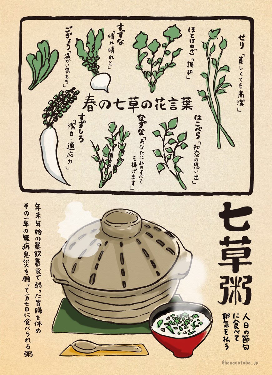 きょう1月7日は《#七草粥》
春の七草や餅などを具材とする塩味の粥で、その一年の無病息災を願って人日の節句(1月7日)に食べられる。正月の祝膳や祝酒で弱った胃を休める為とも言われている。
春の七草と花言葉