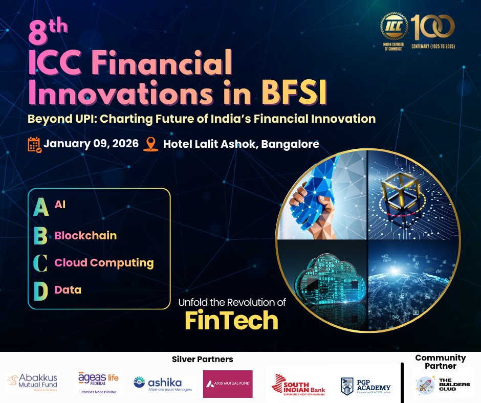 Proud to be the Community Partner for the 8th ICC Financial Innovations in BFSI 🚀

Beyond UPI → AI-led banking, digital insurance &amp; the future of finance.

📅 9 Jan 2026 | 📍 Bengaluru
🔗 bit.ly/49uhRcd