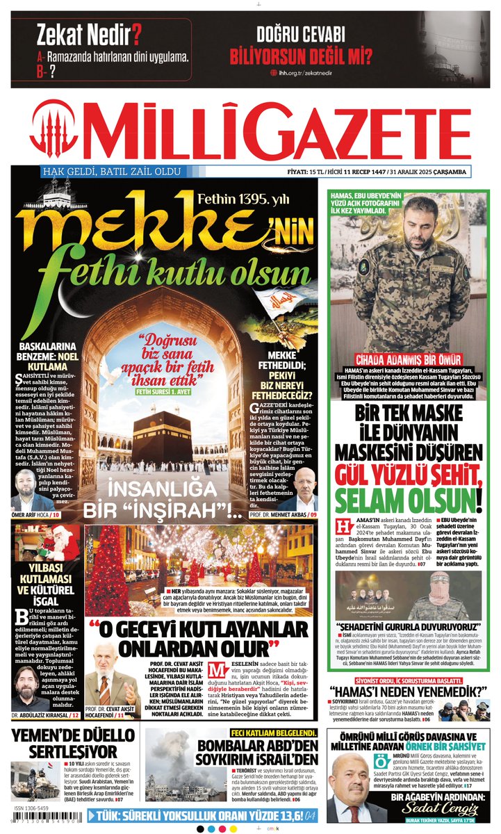 *Millî Gazete'nin bugünkü birinci sayfası:*

Mekke'nin Fethi Kutlu Olsun