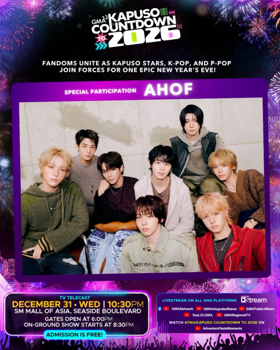 OneilyMusic's tweet photo. AHOF will headline the Philippines’ largest New Year’s Eve countdown show, ‘NYE Kapuso Countdown to 2026,’ on December 31 in Manila. https://t.co/vdj8nxxplK