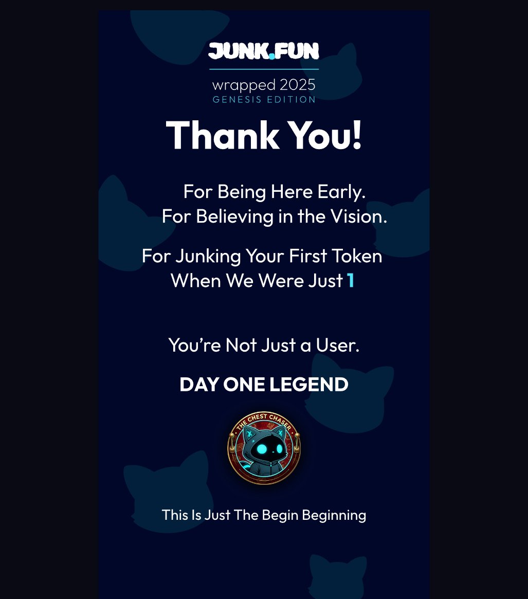 It's time to show the world what the first Junkies built with <a href="/junkfun_/">junk.fun</a> 🌍✨
Open your Junk Fun Wrapped 2025, share your card, and secure your seasonal point bonus.
🔗 junk.fun/wrapped
#JunkFunWrapped #Solana