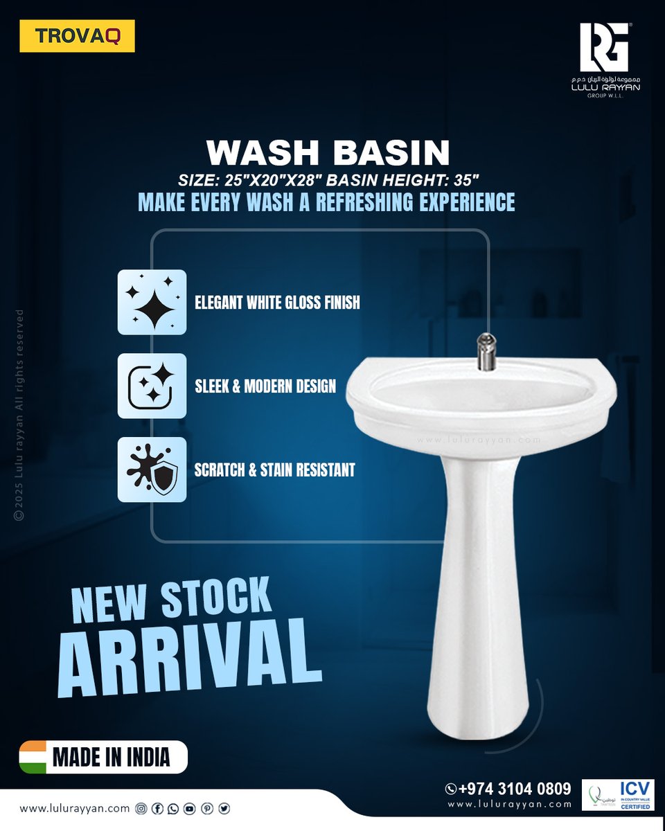 The TROVAQ Wash Basin⛲ is designed to add a clean, modern touch to any space while ensuring long-lasting performance.

♉️Elegant white gloss finish
♉️Sleek &amp; modern design
♉️Scratch &amp; stain resistant

Explore us🌐: lulurayyangroup.com
Give us a ring📞: +974 3104 0809