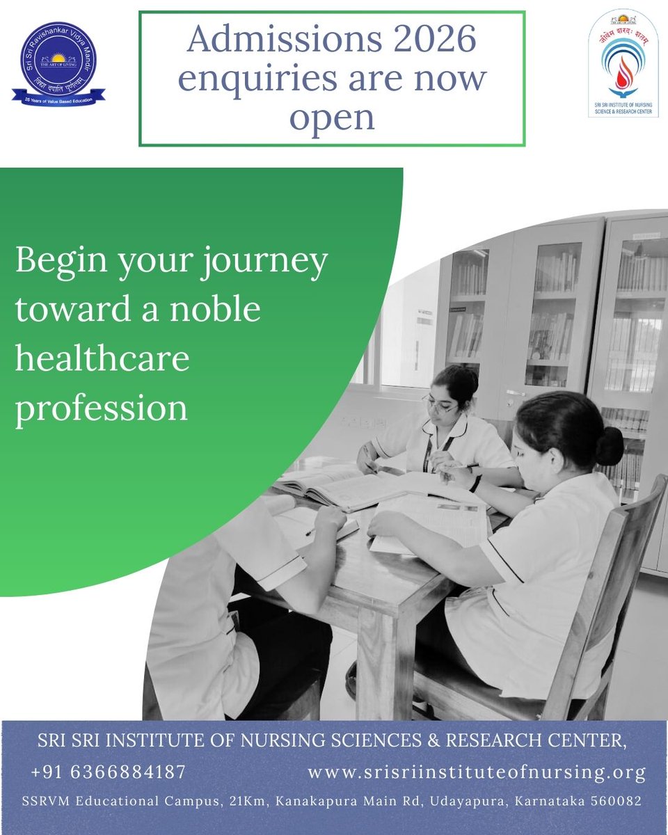 ssion_official's tweet image. Admission enquiries are now open for 2026.
A trusted institution.
A respected profession.
A secure future.
#AdmissionEnquiriesOpen #ParentsChoice
#SriSriInstituteOfNursing #NursingEducation #SSION #Admissions2026 #nursing