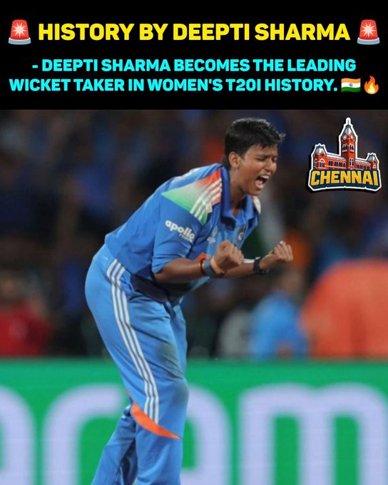 🚨 #DeeptiSharma makes history! 🚨
Now the all-time leading wicket taker in #Women’s #T20Is, she’s showing the world what Indian pace &amp; spin can do! 🇮🇳
#indianwomen #Cricket #INDWvsSLW #sports  #Trending #Viral #westerninfluence #mahakal #31dicembre #NewYear2026 #LastDayof2025