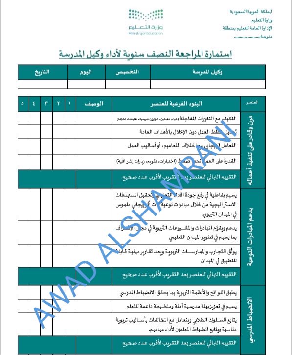 educationpoad's tweet photo. 🔺المراجعة النصف سنوية🔺

- عندما يكون المدير مهيأً لمناقشة الموظفين خلال مرحلة المراجعة النصف سنوية من خلال سجلاته وتقاريره وملاحظاته فإن ذلك يُعد مؤشرًا واضحًا على استيعابه للتحول في إدارة الأداء، وقدرته على التعامل المهني مع مخرجات التوزيع الطبيعي ضمن نظام التقييم الخماسي.

- استمارة المراجعة النصف سنوية لأداء المعلم والمعلمة:
https://t.co/j5w7cC3yK6

- استمارة المراجعة النصف سنوية لأداء وكيل المدرسة:
https://t.co/4fZlIsnNuA

- استمارة المراجعة النصف سنوية لأداء الموجه الطلابي (محدثة):
https://t.co/1XWvUjWijy

- استمارة المراجعة النصف سنوية لأداء معلمة رياض الأطفال:
https://t.co/k9BxshFuoe

- الطريقة الحسابية لدرجة العنصر الواحد كما يلي:
مجموع نقاط البنود للعنصر الواحد مقسومة على عددها = الناتج من (٥) 

- إذا كان الناتج يتضمن كسوراً فيتم تقريبه لأقرب عدد صحيح