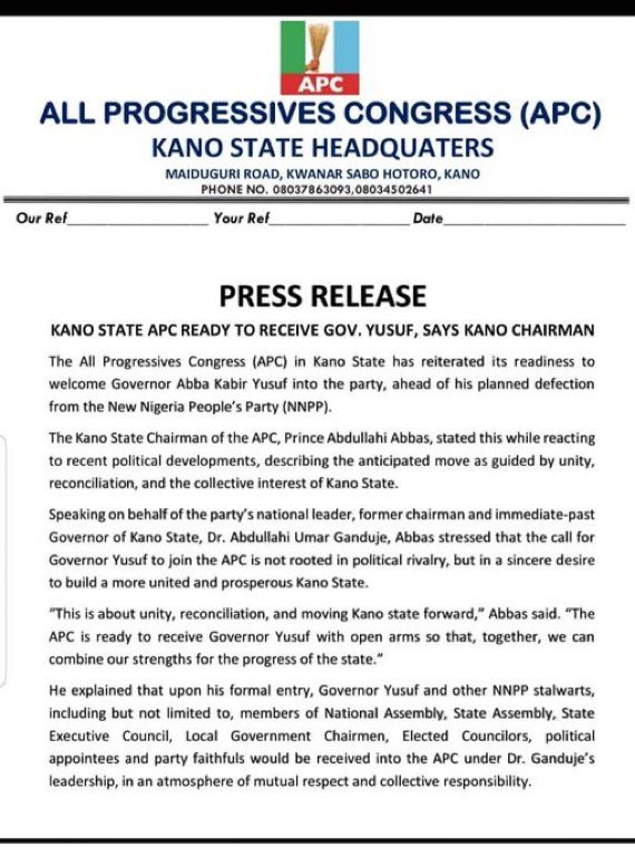 DeeOneAyekooto's tweet photo. Kano APC officially welcomes Governor Abba Kabir Yusuf to the Progressive Party https://t.co/DTfMyCsuPp
