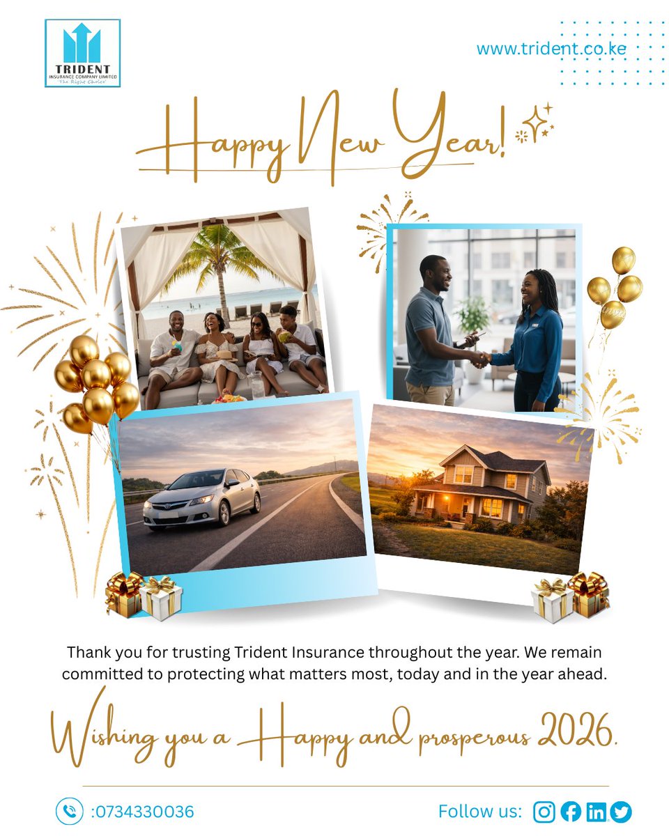 tridentIns's tweet image. As we close the year, we say thank you for walking this journey with us 🤝✨
Your trust means everything to us. Here’s to a happy, secure, and prosperous New Year ahead 🎉🏡🚗
 Trident Insurance — Protecting What Matters. 🛡️ #NewYear2026 #HappyNewYear2026 #tridentInsurance