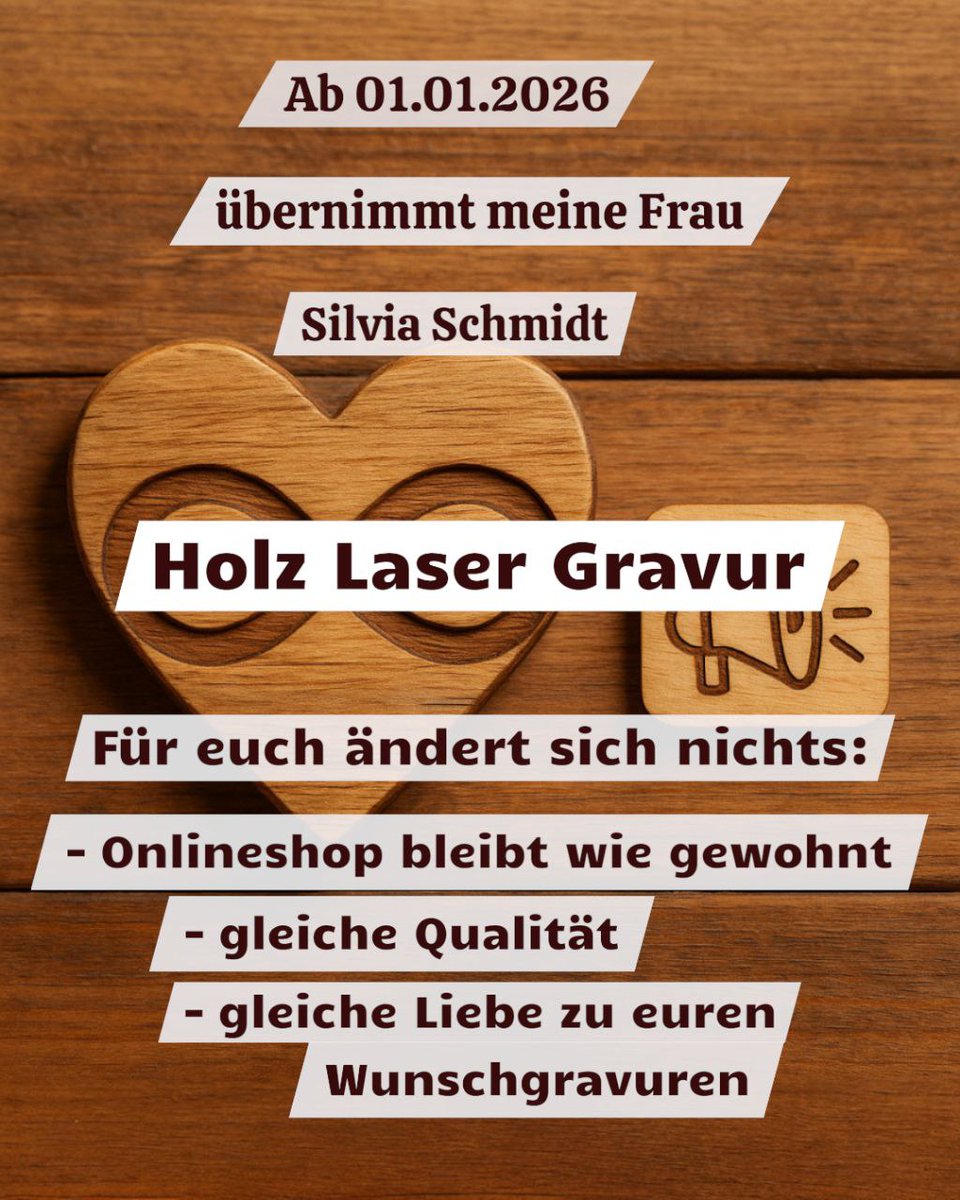 Ich bin Silvia und darf Holz Laser Gravur jetzt mit ganz viel Herzblut weiterführen.

Ich nehme mir gerne Zeit für deine Wünsche, lese deine Nachrichten aufmerksam und denke mit dir gemeinsam darüber nach, wie wir deine Idee umsetzen können.

#holzlasergravur #wunschgravuren