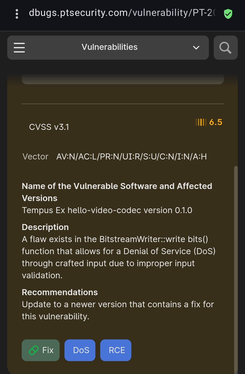 Alishmery2's tweet photo. CVE-2025-63095
​I've discovered a new 0-day in Tempus Ex 
A critical Logic Flaw in write_bits() causing Silent Data Corruption or DoS, with RCE potential in low-level bitstream processing.
​ Ali Firas (thesmartshadow)
​#SourceCodeReview #0day #BinaryExploitation #Infosec https://t.co/DoH6LYB6QY