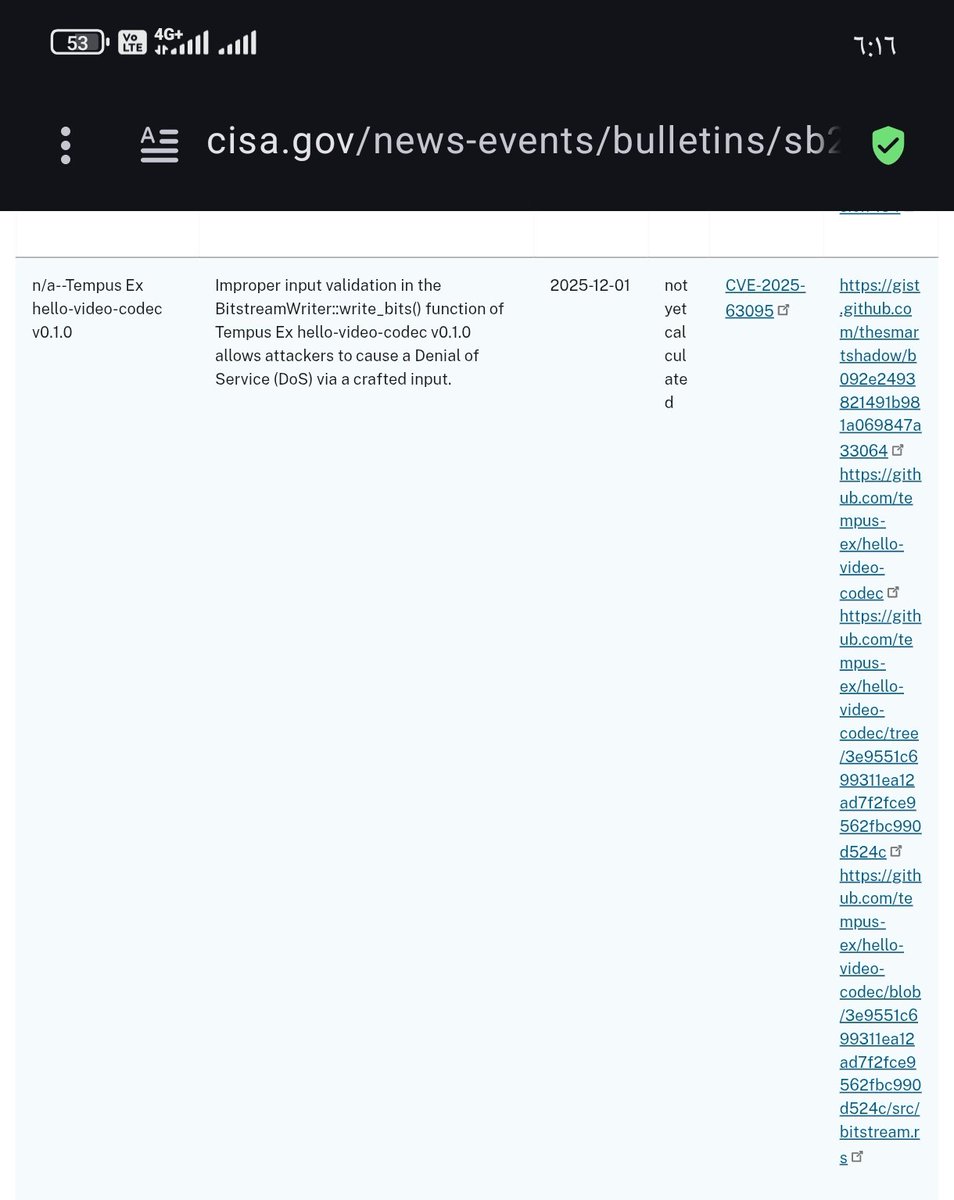 Alishmery2's tweet photo. CVE-2025-63095
​I've discovered a new 0-day in Tempus Ex 
A critical Logic Flaw in write_bits() causing Silent Data Corruption or DoS, with RCE potential in low-level bitstream processing.
​ Ali Firas (thesmartshadow)
​#SourceCodeReview #0day #BinaryExploitation #Infosec https://t.co/DoH6LYB6QY