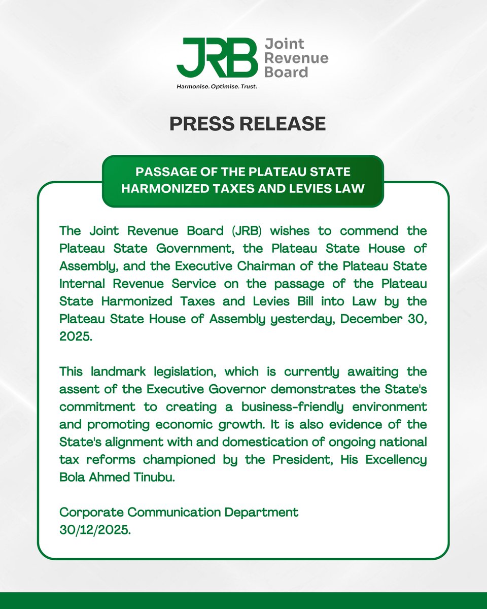 JRB commends Plateau State Government, the Plateau State House of Assembly, and the Executive Chairman of the Plateau State Internal Revenue Service on the passage of the Plateau State Harmonized Taxes and Levies Bill into law <a href="/OfficialPSIRS/">Plateau State Internal Revenue Service</a> <a href="/Plateaugovt/">PlateauState</a> @FIRSNigeria