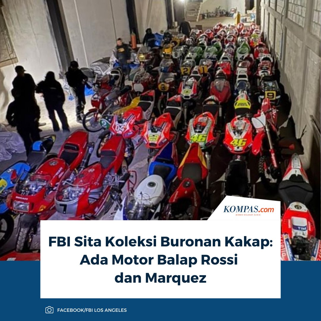 kompascom's tweet photo. FBI Los Angeles berhasil menemukan dan menyita koleksi motor balap milik Ryan James Wedding, buronan kelas kakap yang ditaksir bernilai Rp 40 juta Dollar Amerika.
Baca Selengkapnya ππ»
https://t.co/hnw4fAA68O
~NA #MotoGP #FBILosAngeles #MotorBalap https://t.co/AVI70MShO5