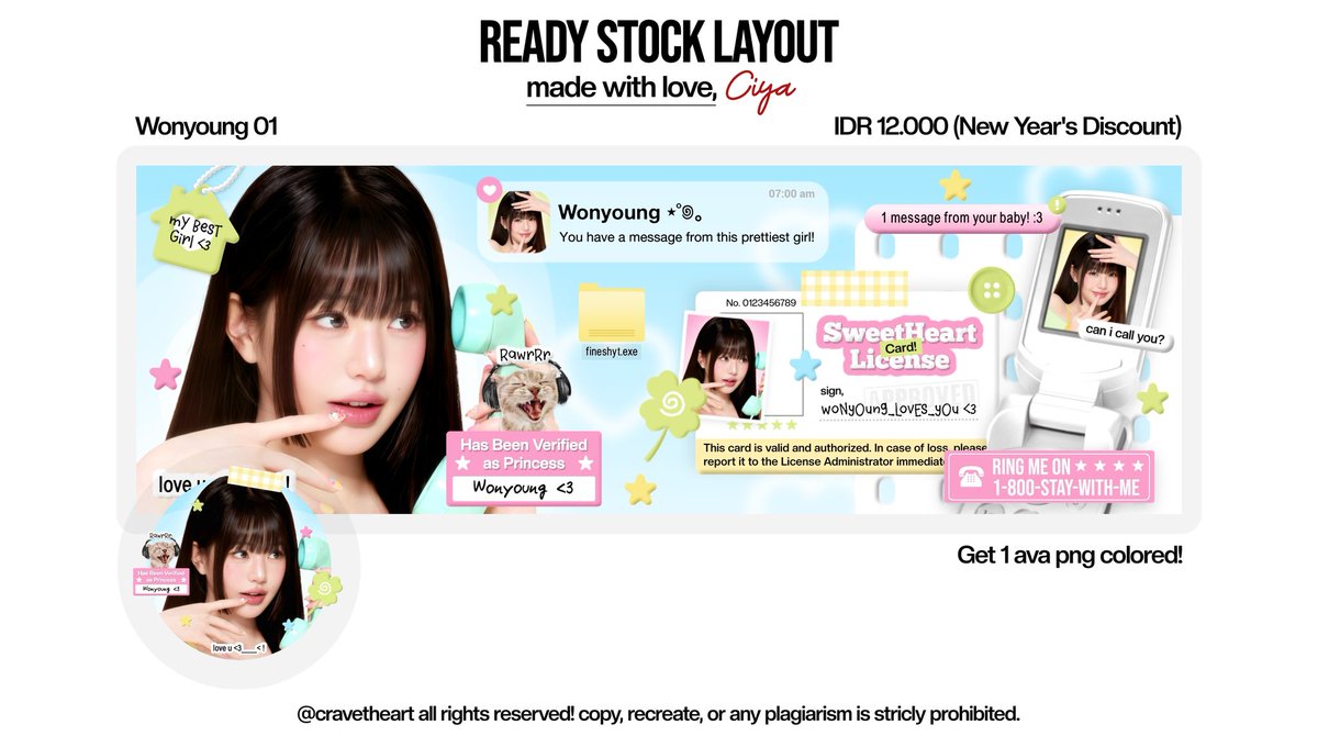 cravetheart's tweet image. help repost ya? timakasi! ‹𝟹

NEW YEAR'S DISCOUNT!

haii, ada 6 layout ready stock Kya &amp;amp; Wonyoung dari  katalog "Favorite Notification" yang diskon nih, only 12K free recolor &amp;amp; retext!

template layout designednya juga diskon jadi 150K saja, cocok untuk 2D &amp;amp; 3D!

#zonauang