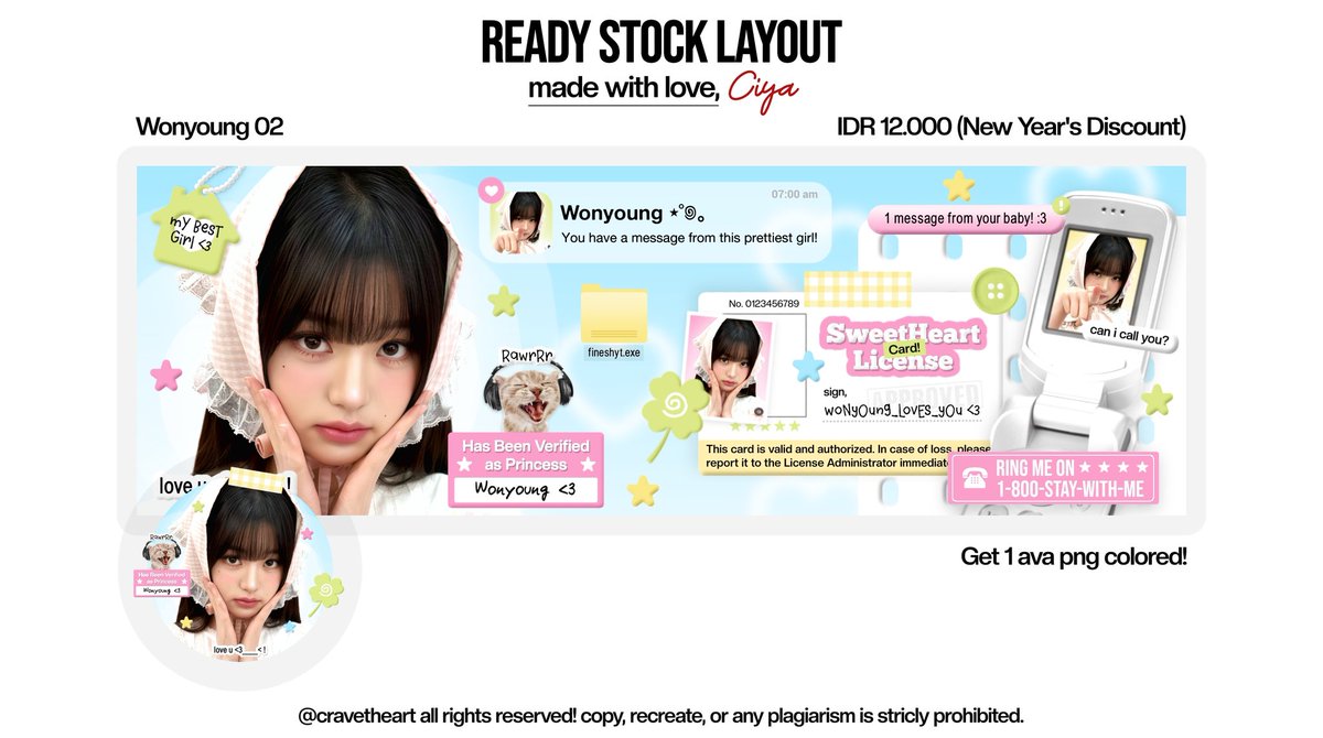 cravetheart's tweet image. help repost ya? timakasi! ‹𝟹

NEW YEAR'S DISCOUNT!

haii, ada 6 layout ready stock Kya &amp;amp; Wonyoung dari  katalog "Favorite Notification" yang diskon nih, only 12K free recolor &amp;amp; retext!

template layout designednya juga diskon jadi 150K saja, cocok untuk 2D &amp;amp; 3D!

#zonauang