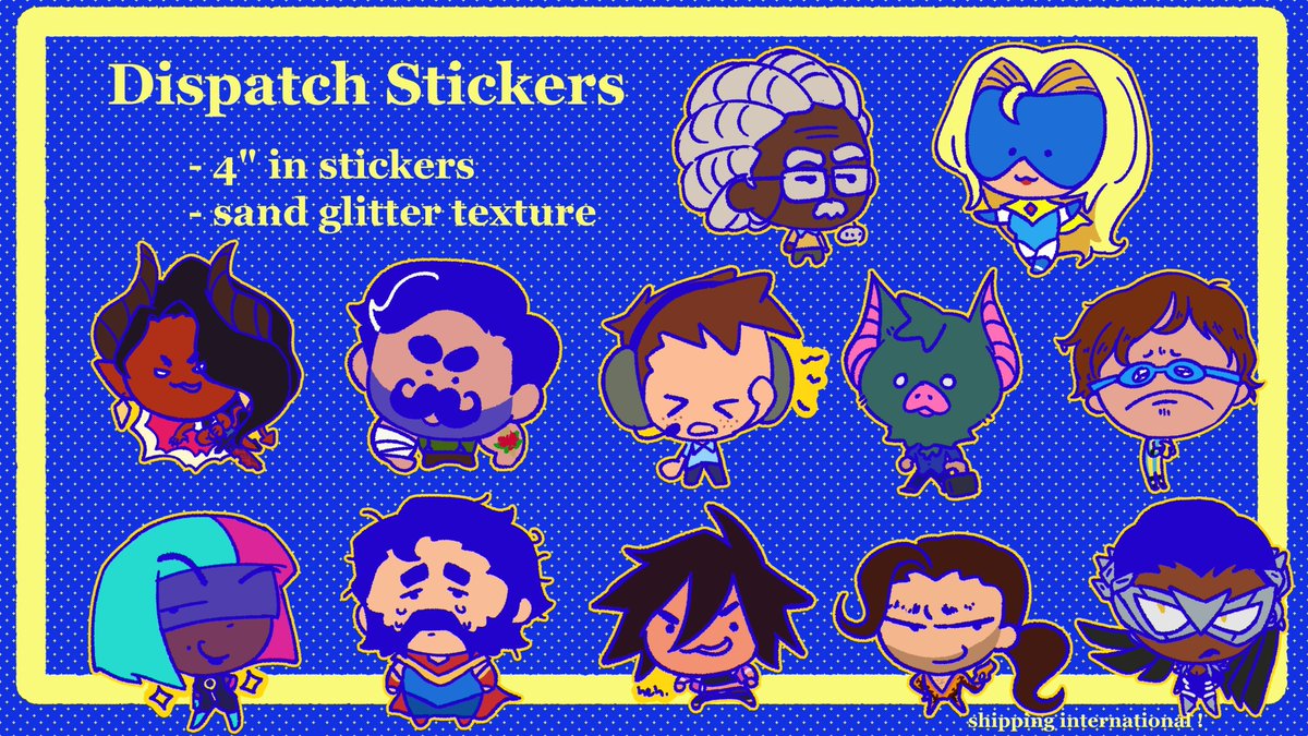 SHOP UPDATE WITH Z TEAM IN THE FLESH  pls grab my fat gooby dooby stickies and maybe we can fund enough for charm versionss !!!! pre orders will open soon :D   
#dispatch #dispatchfanart #dispatchtwt 
link below 
🔽🔽